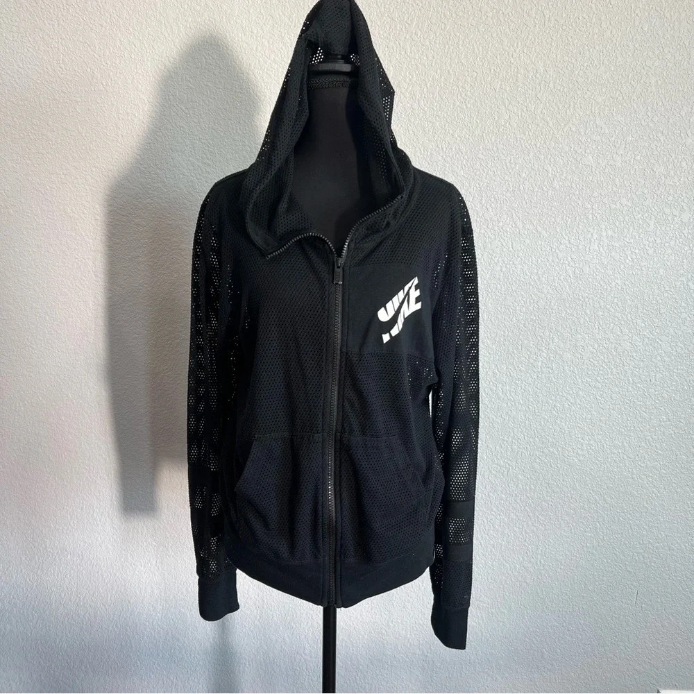 Nike Black Mesh Hoodie with White Logo on Chest Size L - Picture 1 of 7